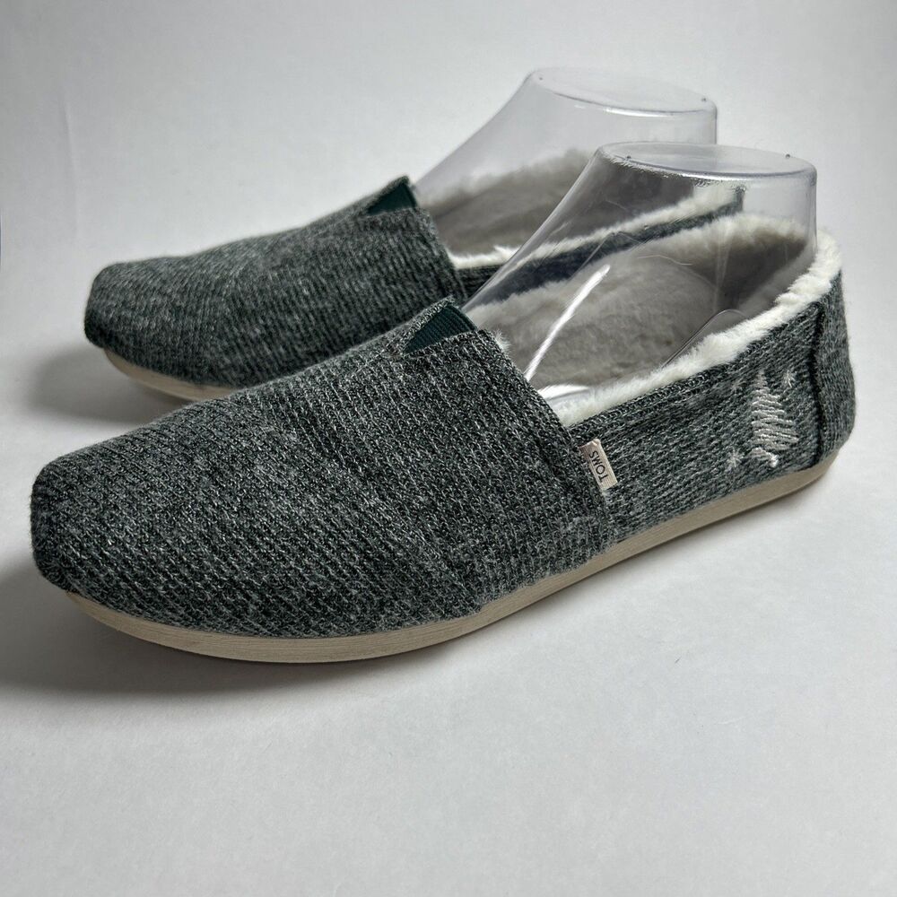 TOMS Green Sweater Knit Slippers Slip On Shoes Womens Size 9 Faux Fur Tree